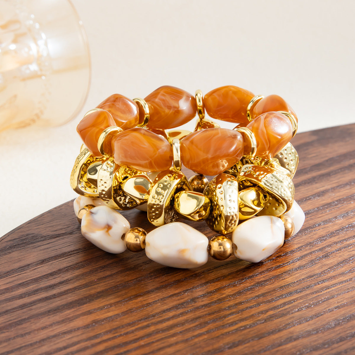 Amber Beaded Stacked Bracelet Knock Pattern Smudge Elastic Bracelet