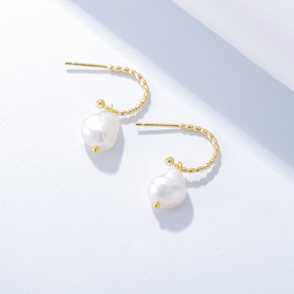 Baroque Natural Freshwater Pearl Earrings 'S S925 Silver C-Shaped Stud Earrings