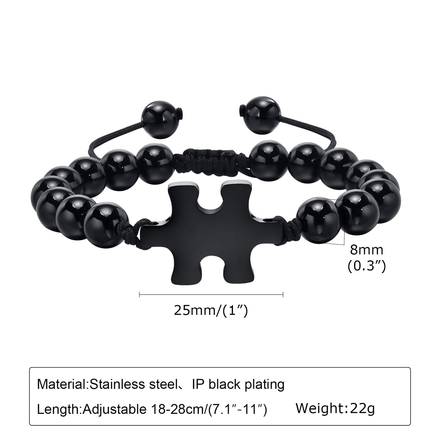 Adjustable Stainless Steel Puzzle Glossy Agate Beaded Bracelet Men's Black for Men