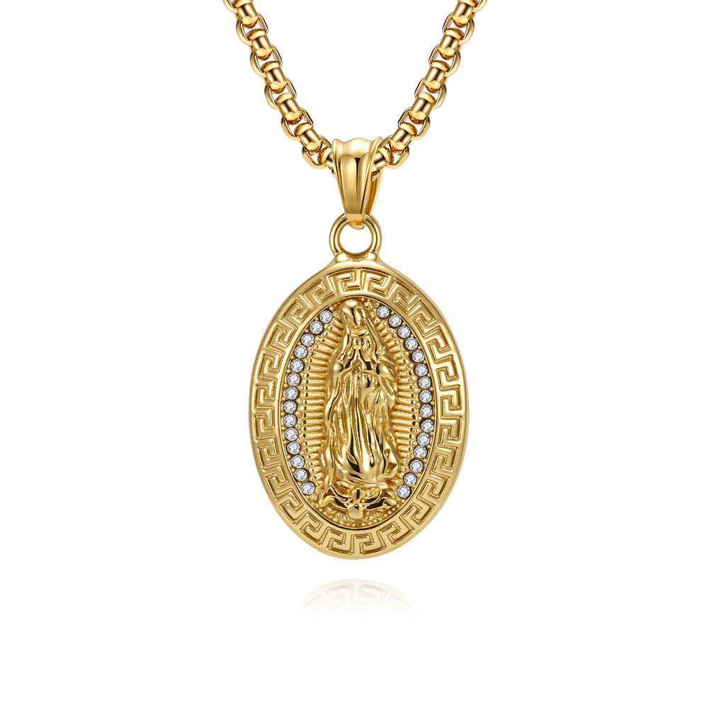 Virgin Mary Titanium Steel Necklace 18K Gold Plated Retro Great Wall Pattern For Men Pendant By Planderful
