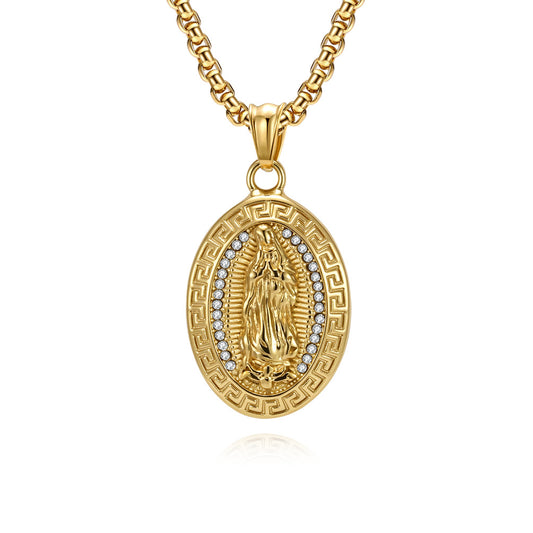 Planderful Virgin Mary Oval Pendant Necklace Titanium Steel Unisex Jewelry European Retro Relief Portrait