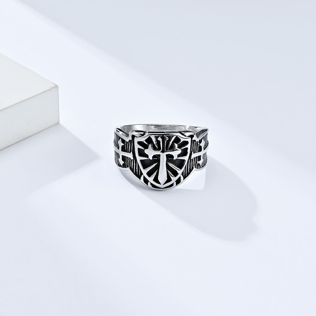 Steel Ring – Vintage Crusader Shield Cross Mens Everyday Niche Ring Stainless Steel Planderful