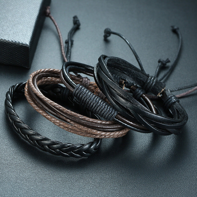 Cross-Border Jewelry Men's Bracelet PU Leather Woven Set