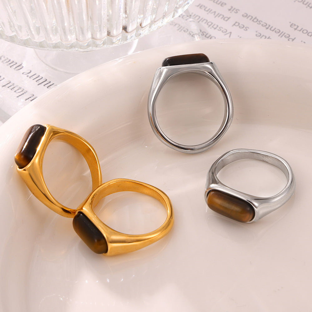 Tiger's Eye Geometric Titanium Steel Ring with Gold Plating