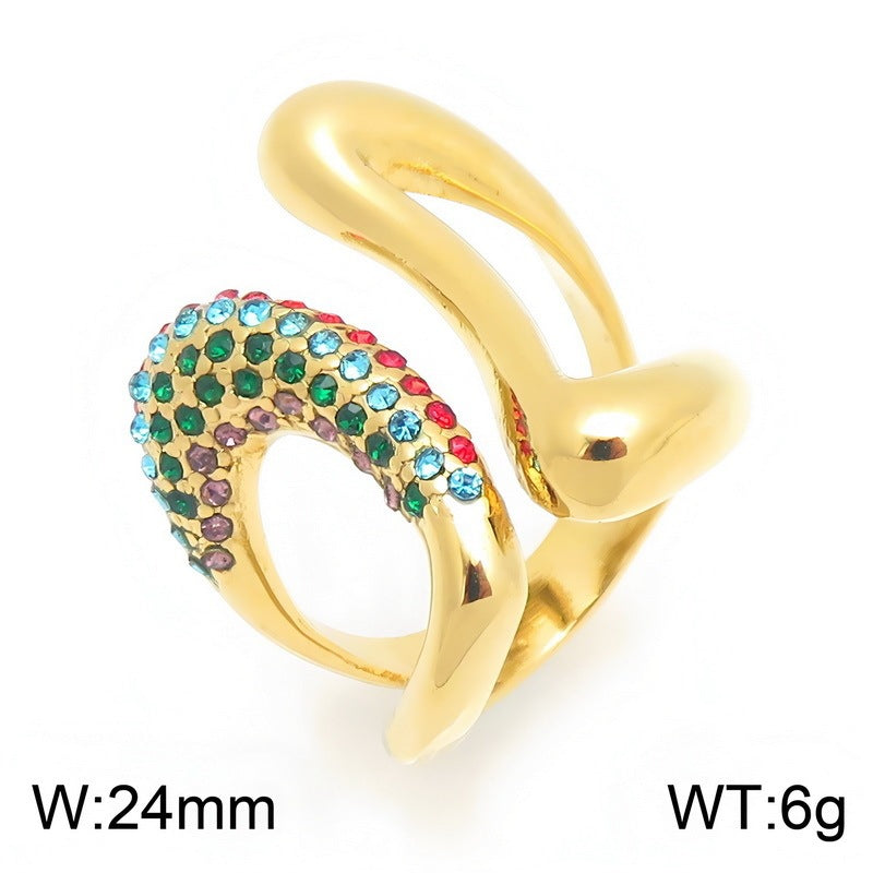 Hip Hop Double Twisted Hollow Zircon Ring French Niche Design Curve Stainless Steel