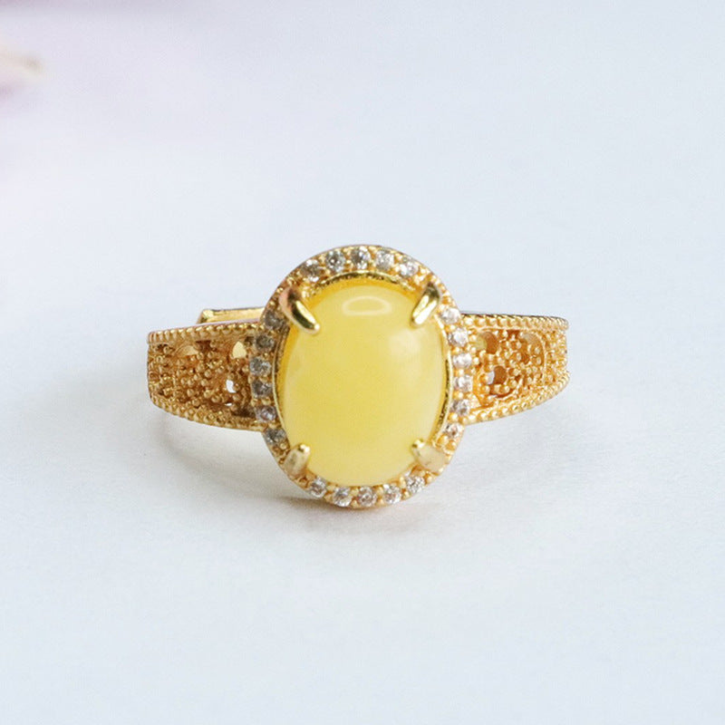 Amber Halo Sterling Silver Adjustable Ring
