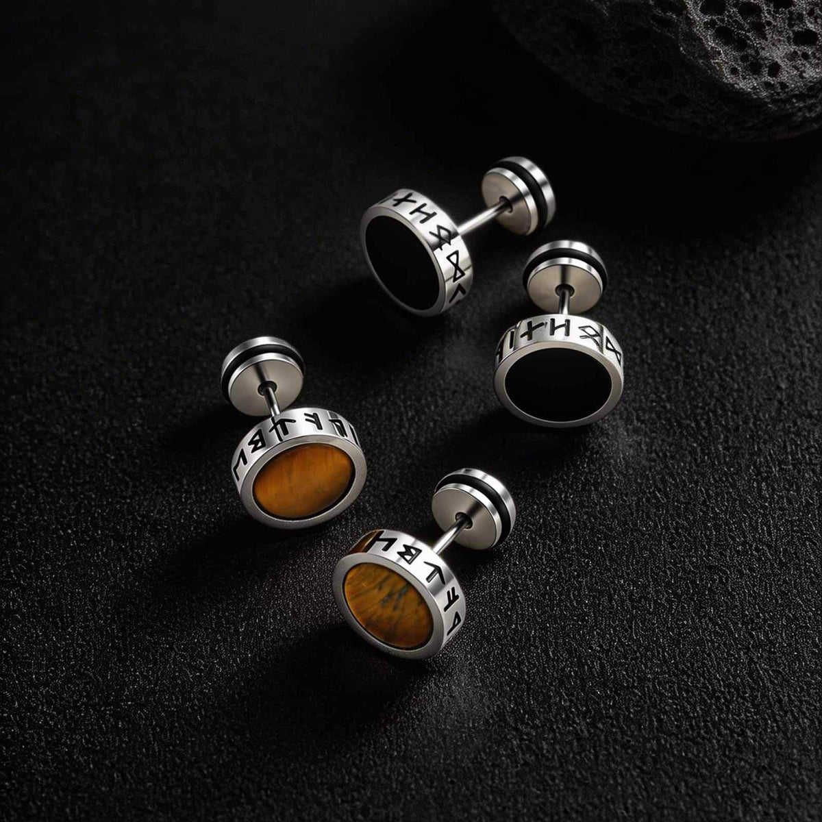 Stainless Steel Tiger's Eye Viking Black Earrings
