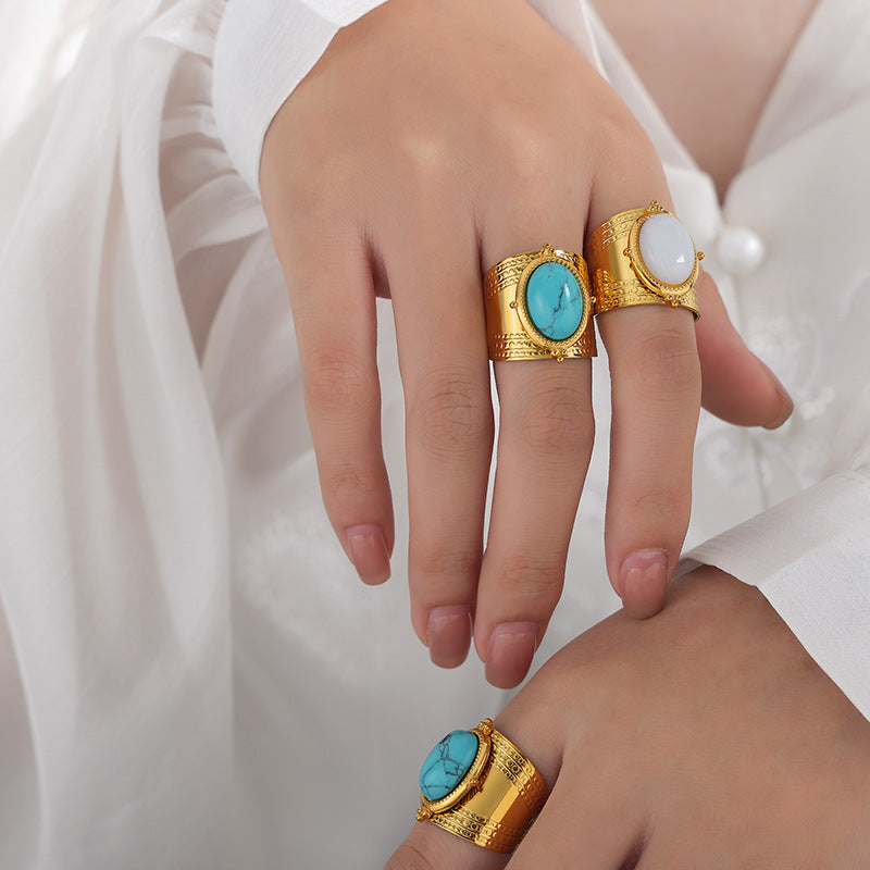 Luxurious French Retro Turquoise Gold Plated Ring for Women