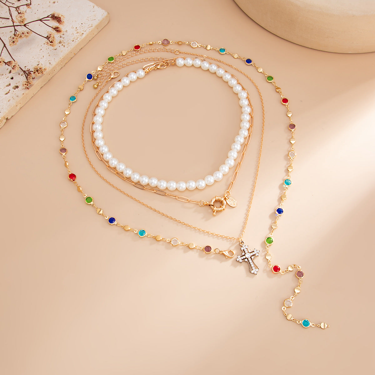 Sun Gem Pendant Stacked Necklace Color Crystal Y-Shaped Long Fringed Necklace