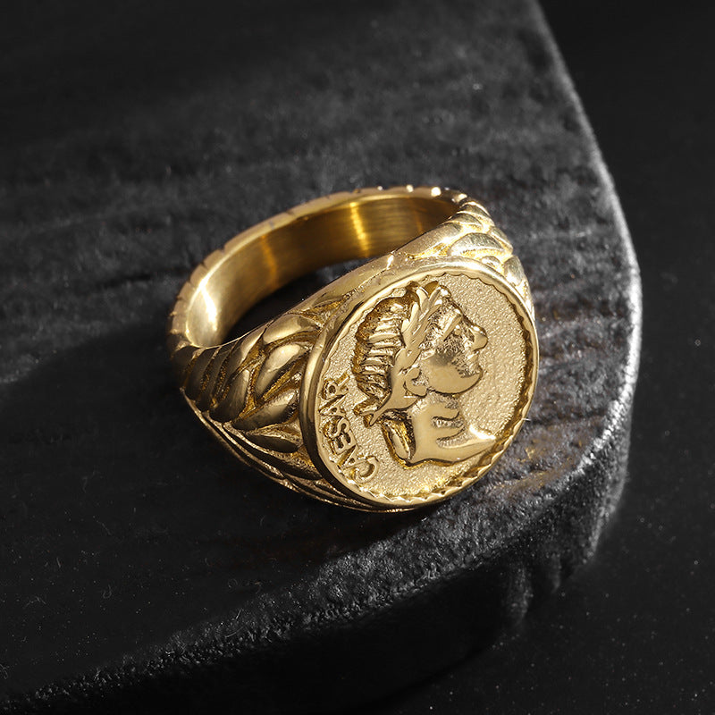 Julius Caesar Ring Stainless Steel Gold Plated Coin Portrait Premium Planderful Everyday Genie For History Buffs