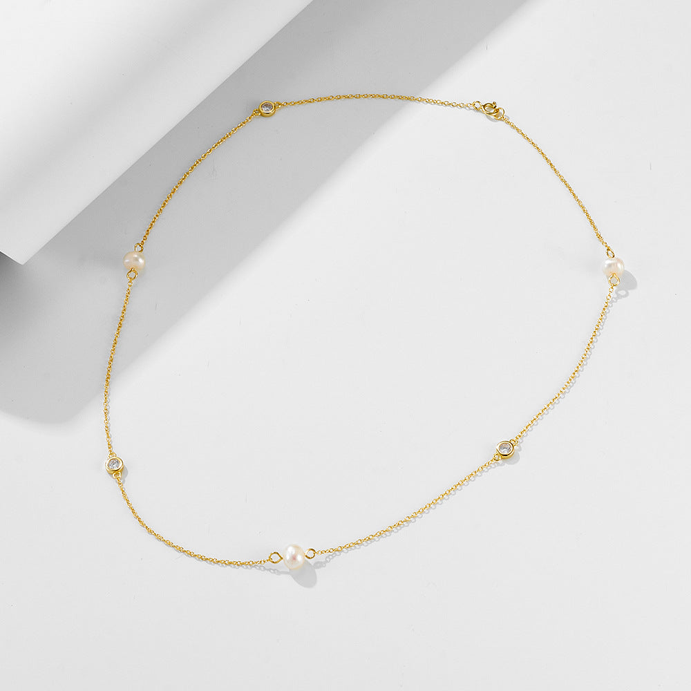 Sterling Silver Natural Freshwater Pearl Necklace Zircon