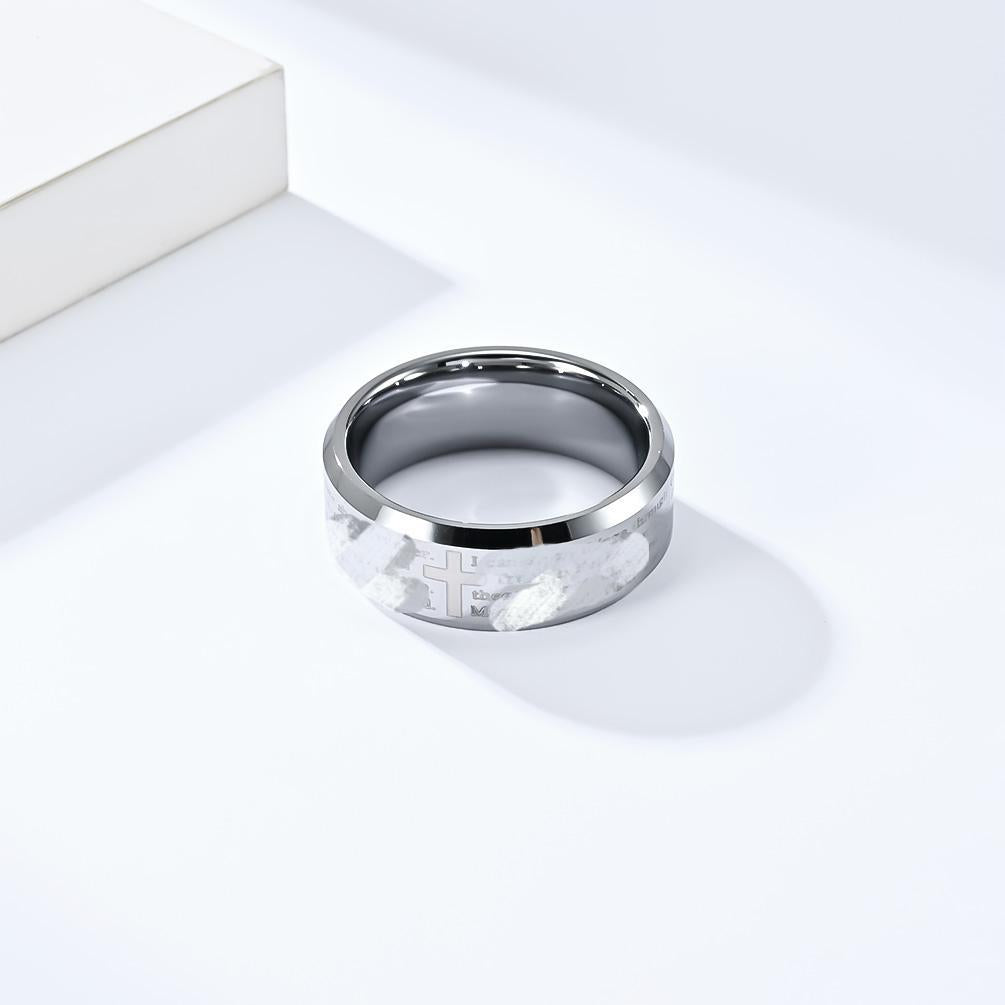 Tungsten Carbide Laser Cross Scripture Ring Men's Tungsten Gold Scratch