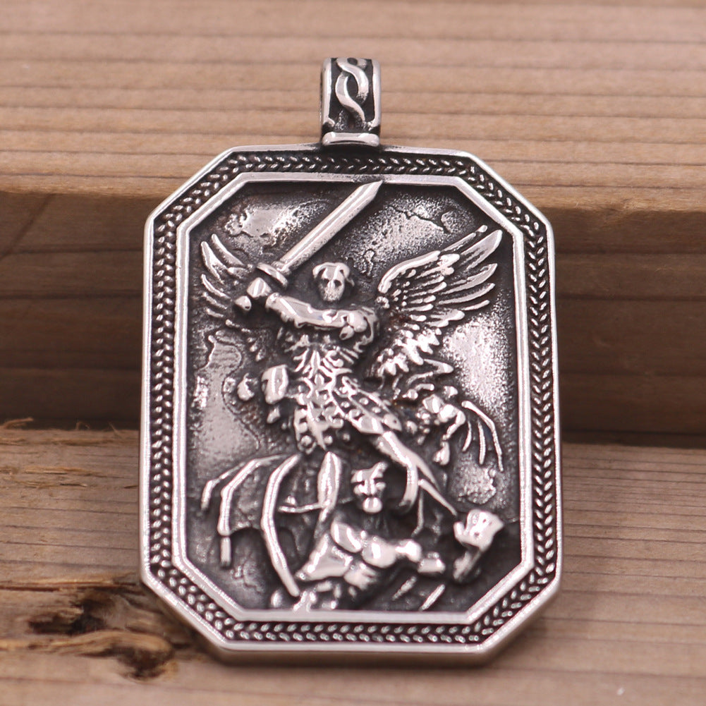 Guardian Angel Vintage Steel Pendant Necklace for Men with Long Sweater Chain