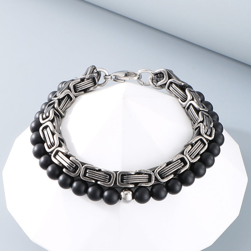 Planderful Mens Black Agate Double Layer Emperor Bracelet