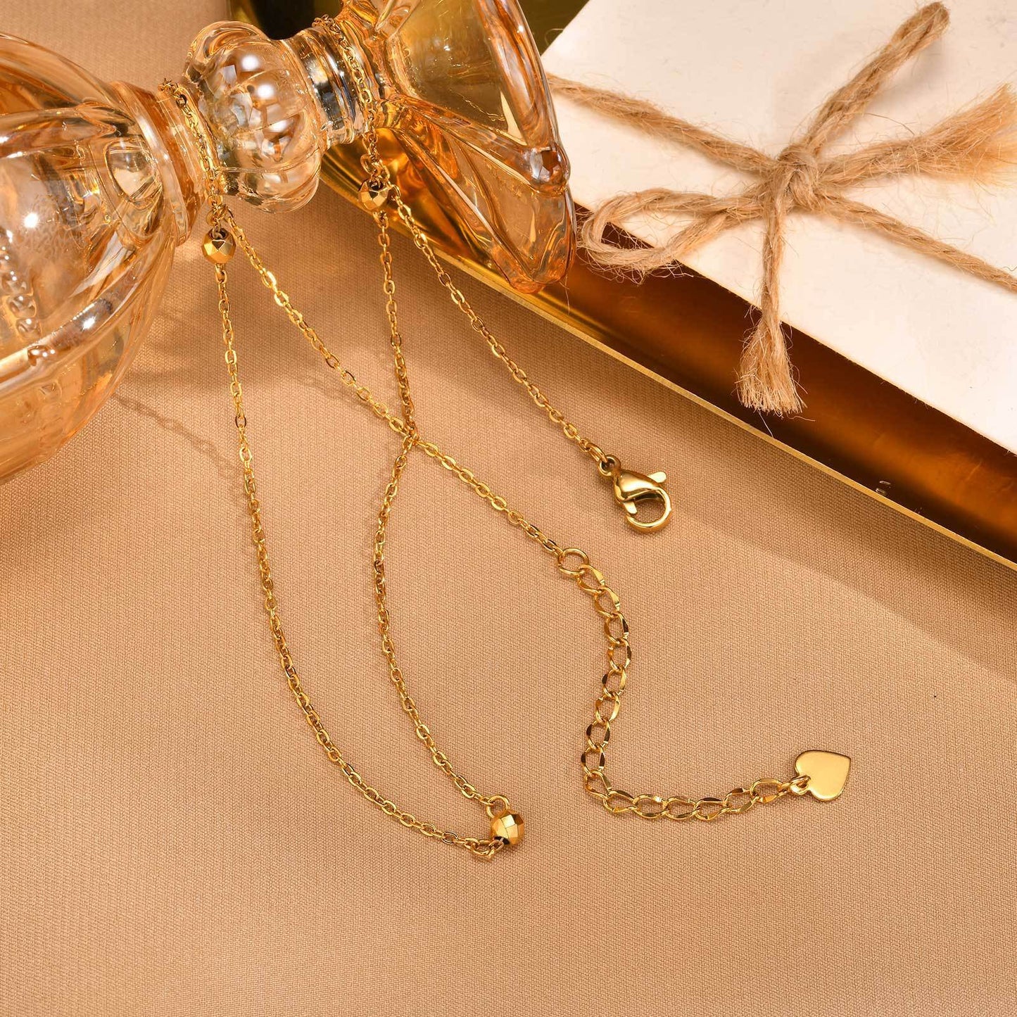 Ladies Stainless Steel Flat Cross Chain – Three Dancing Beads – Gold Necklace