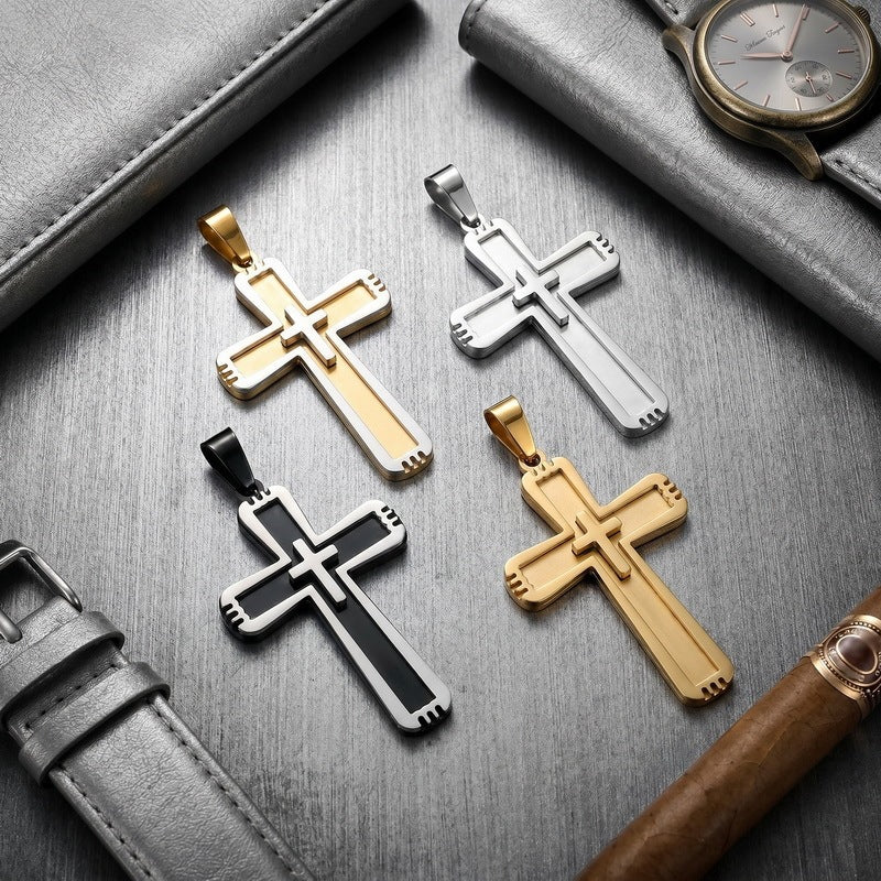 Functional Vacuum Electroplating Mixed Color Double Layer Embedded Small Cross Toothed Stainless Necklace