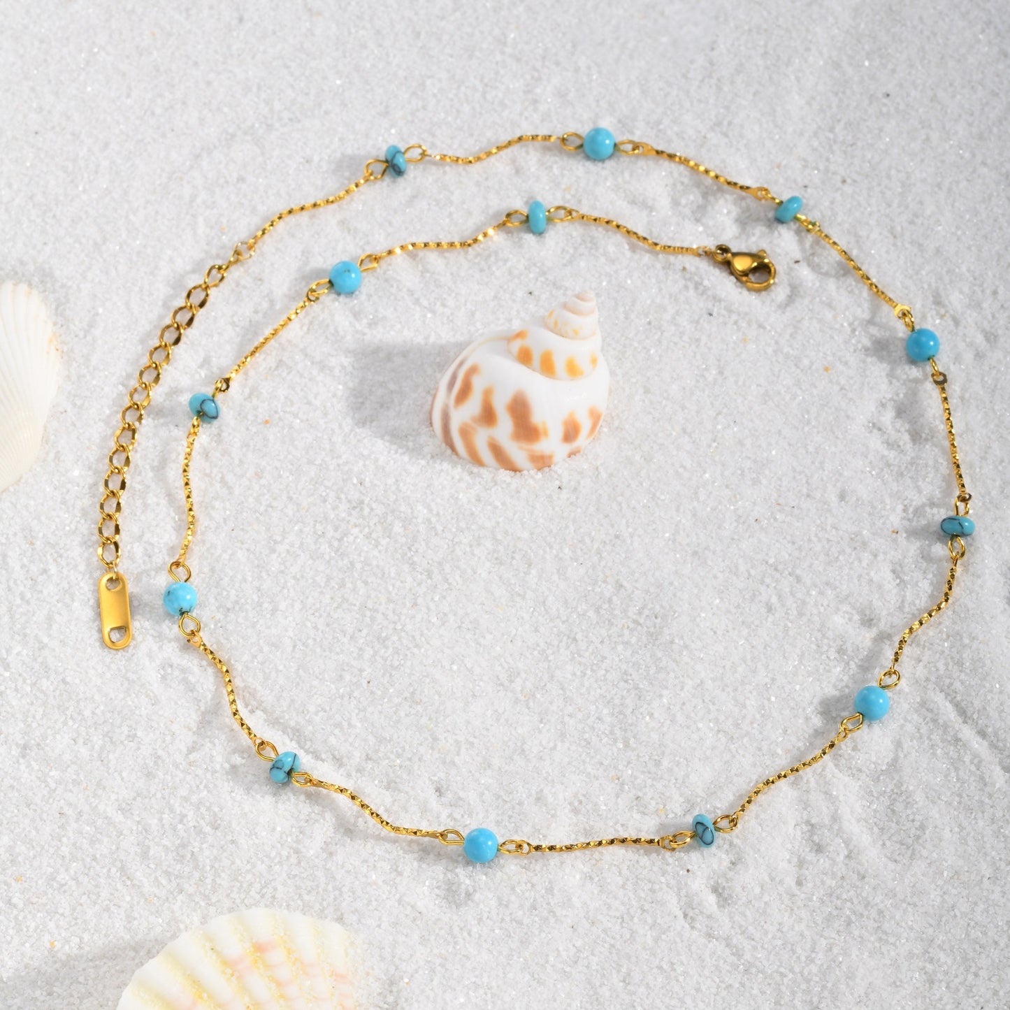 Ocean Wind Stainless Steel Turquoise Imitation Pearl Conch Starfish Shell Wave Bead Necklace