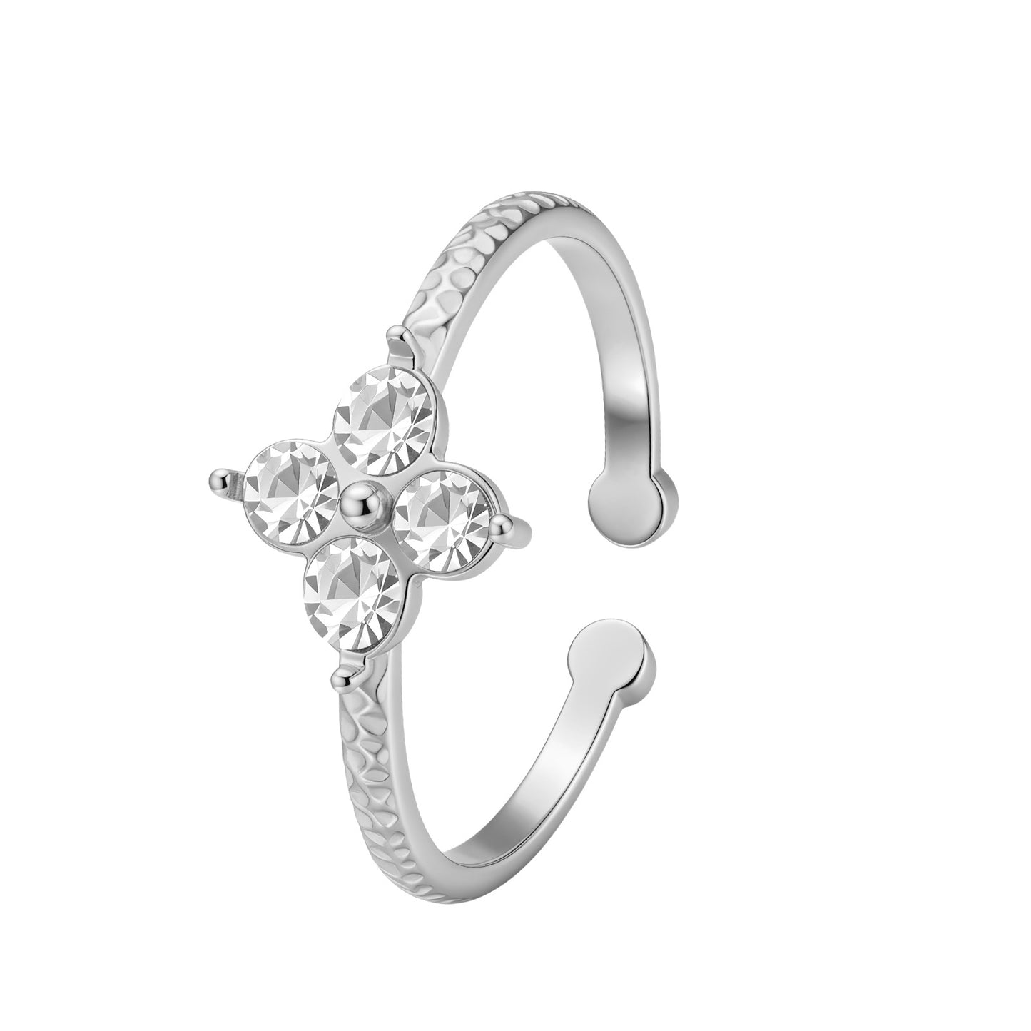Planderful Everyday Genie Hammered Four Leaf Clover Ring Stainless Steel With Zircon Open Adjustable Unisex Jewelry