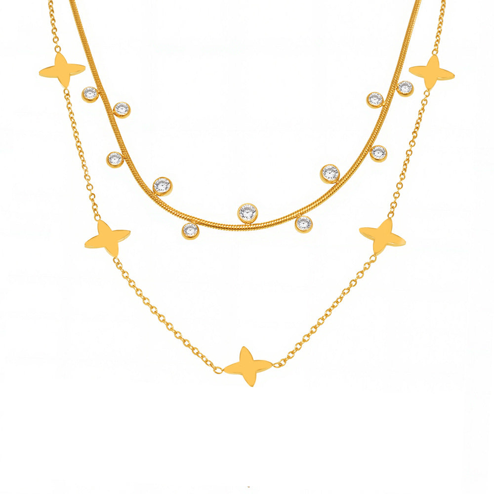 Planderful Zircon Collarbone Necklace Four Leaf Flower Women