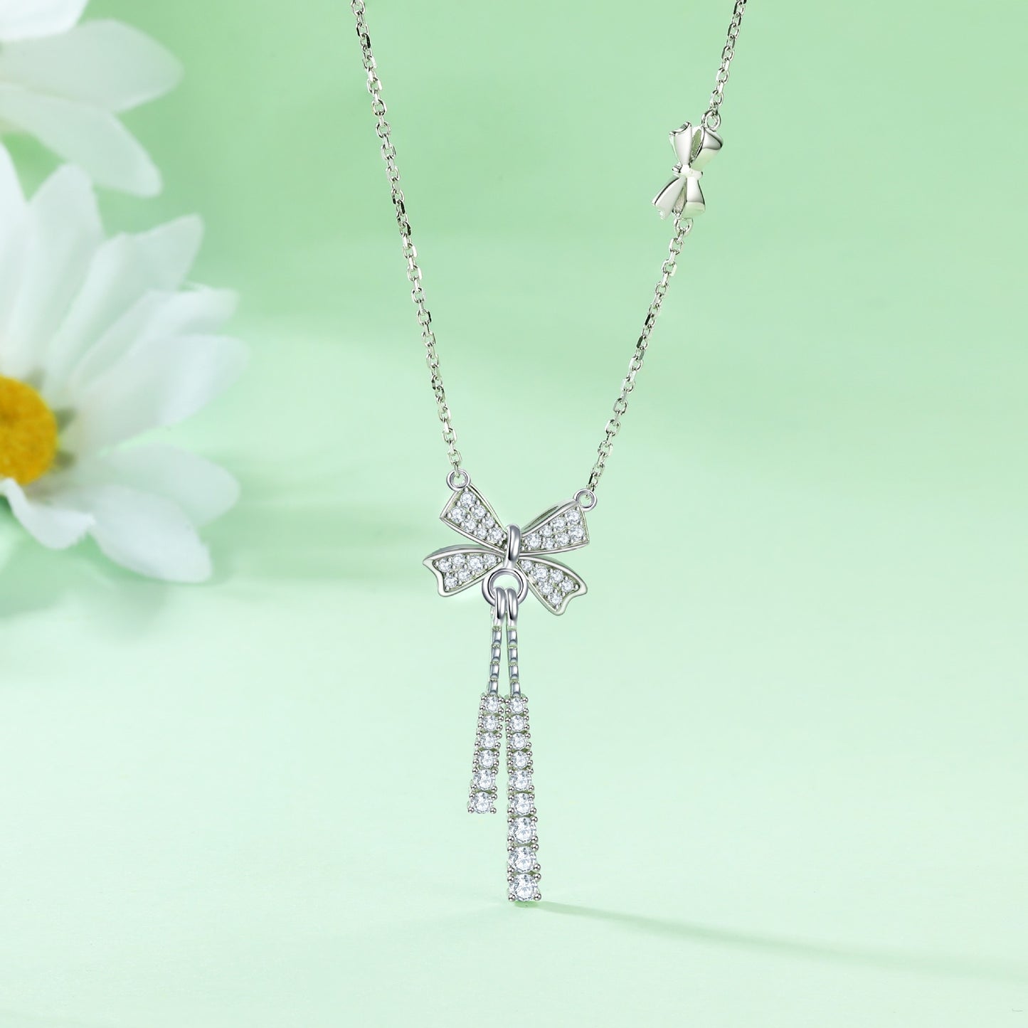 925 Sterling Silver Smart Fringed Bow Necklace High Version