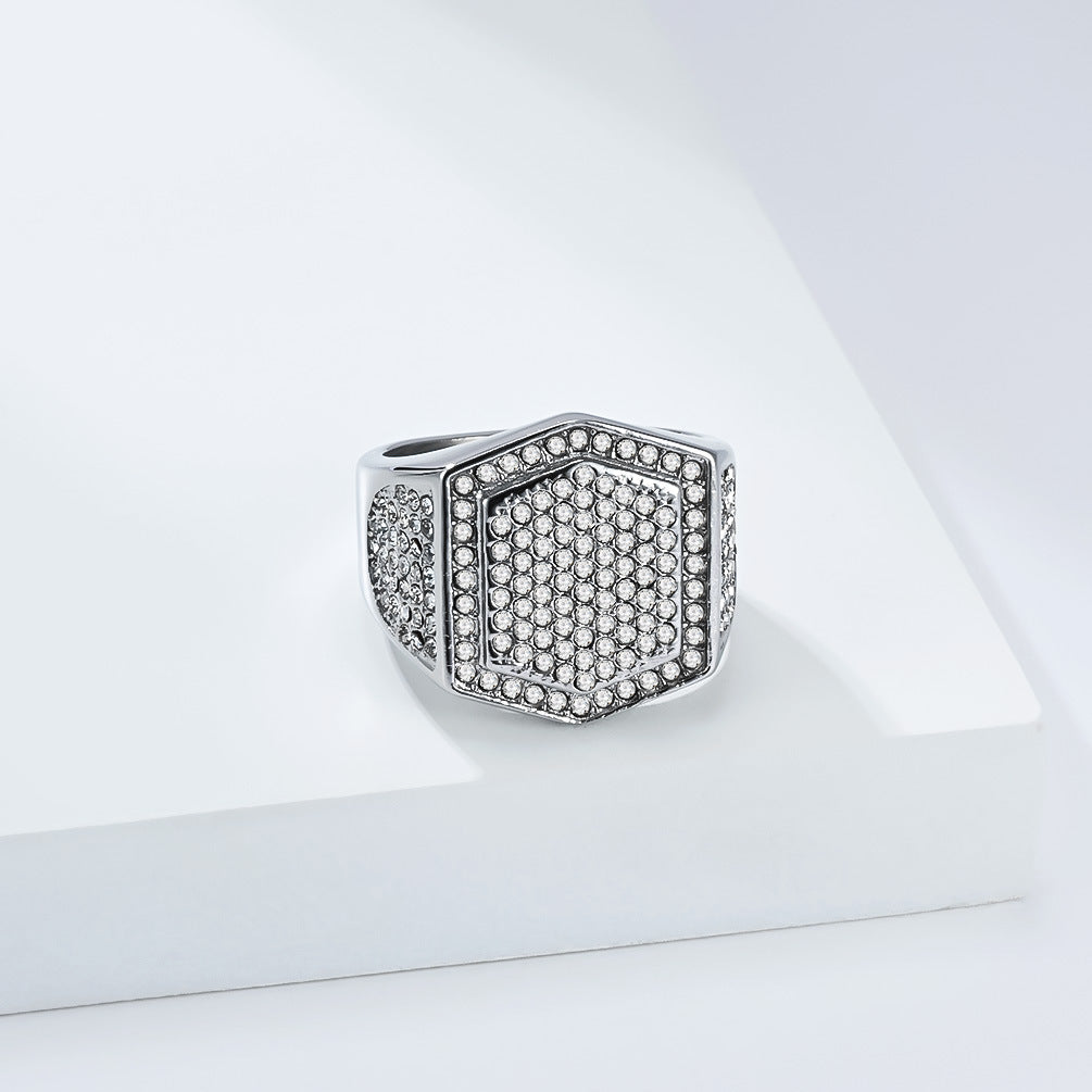 Stainless Steel Plated K Gold Full Zircon Ring Men's Street