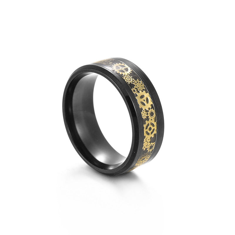 gear ring jewelry 8MM Titanium Steel Gear Ring with Black Plated Carbon Fiber Detail