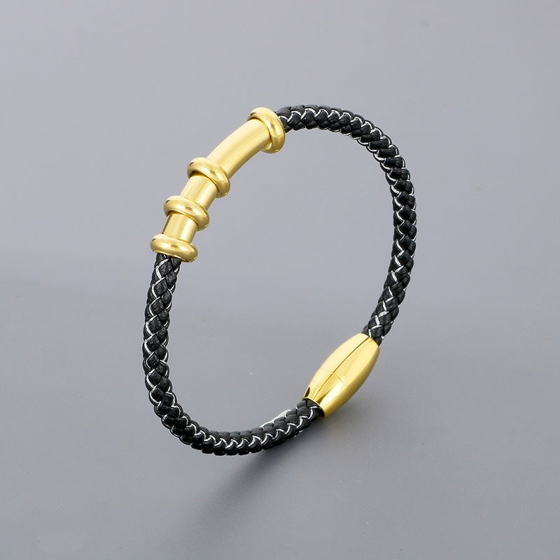 Smooth Curved Tube Leather Rope Bracelet – Woven Leather Rope Magnetic Buckle Men's