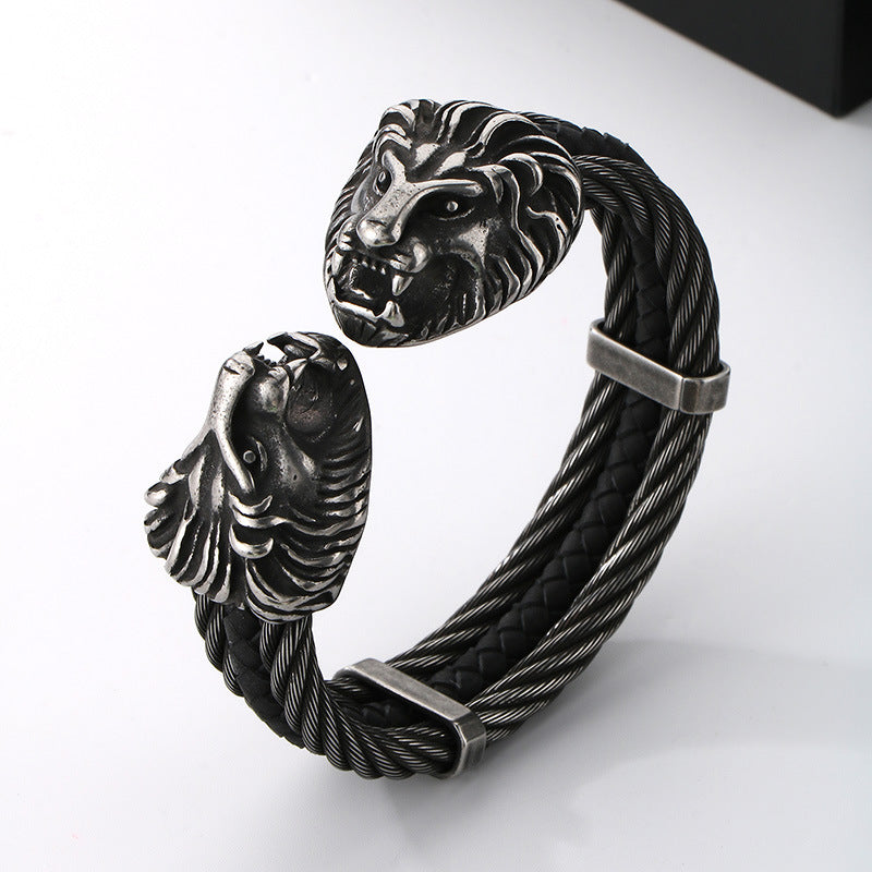 Planderful Titanium Lion Head Leather Bracelet For Men