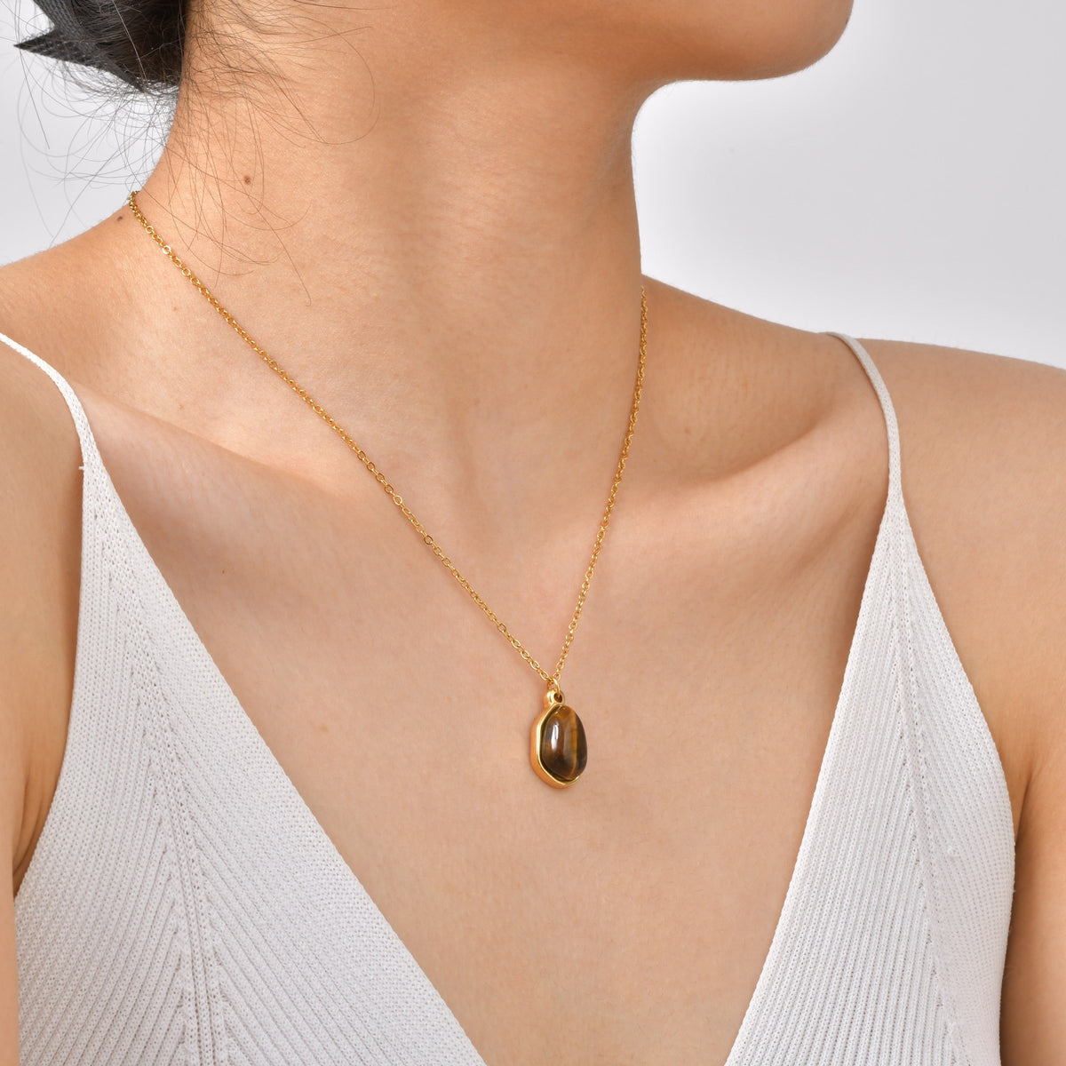 Stainless Steel Design Natural Tiger's Eye Stone Collarbone Necklace