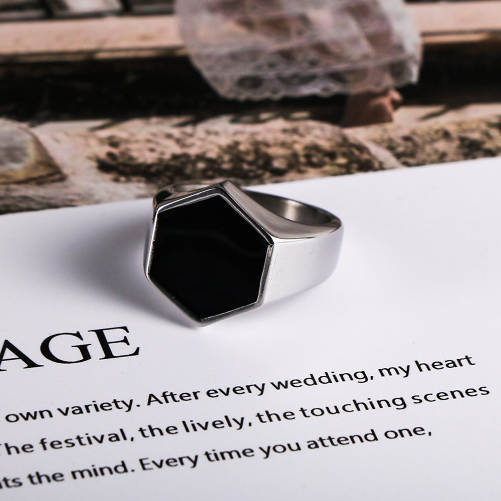 Personalized Hexagonal Epoxy Titanium Steel Ring for Men - Trendy Irregular Design in Stainless Steel
