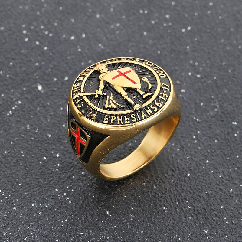 Planderful Men Epoxy Red Cross Shield Ring Hip Hop Style