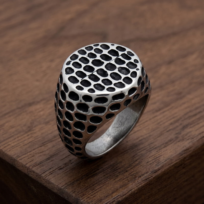 Punk Style Dome Hammer Texture Finger Retro Smearing Wide-Sided Meteorite Pattern Stainless Steel
