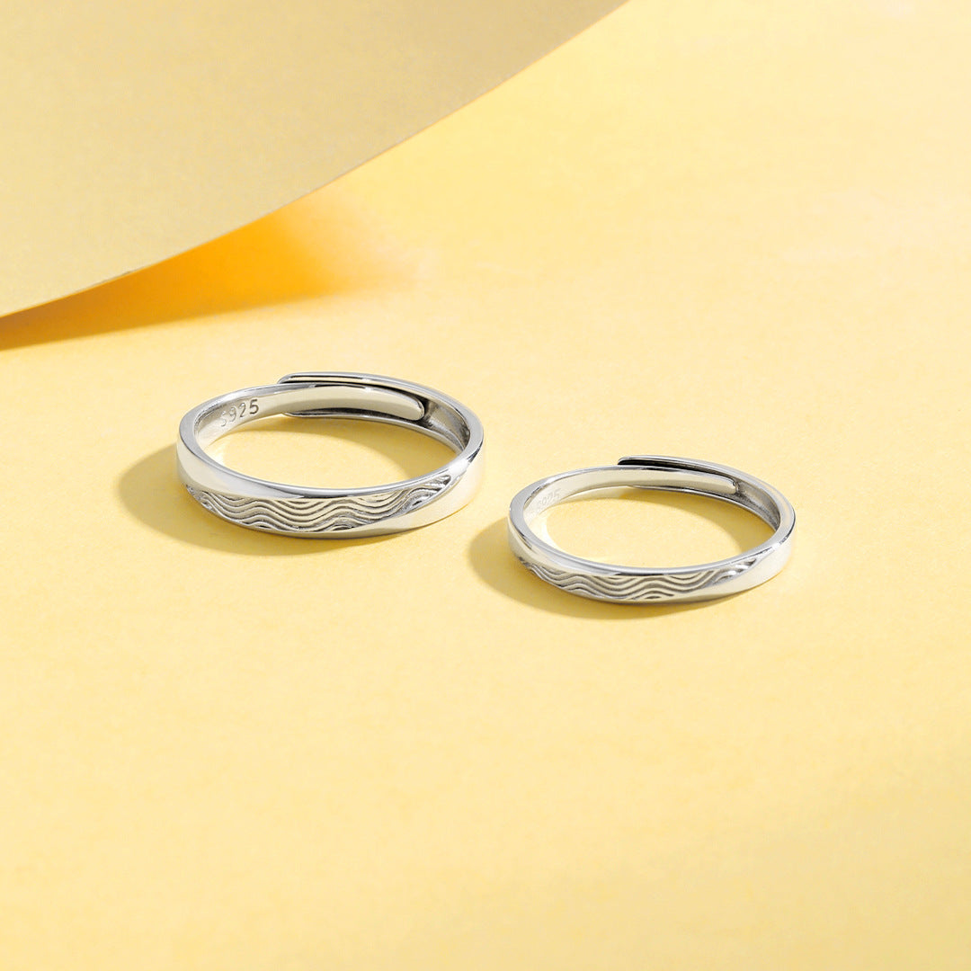 Planderful Wave Couple Pair Ring S925 Sterling Silver – High-Quality Retro Niche Design