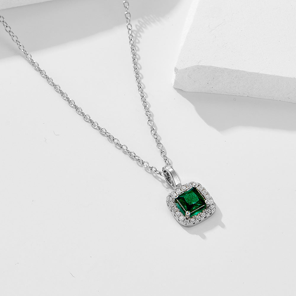 S925 Sterling Silver Square Emerald Zircon Pendant Necklace Retro Style