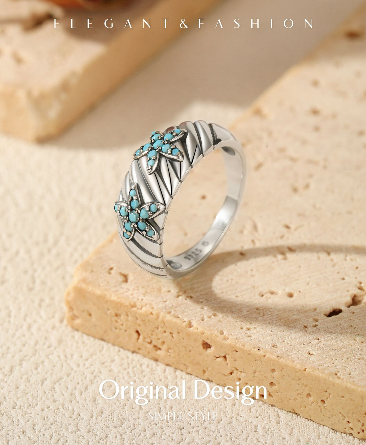 925 Sterling Silver Starfish Star Turquoise Ring