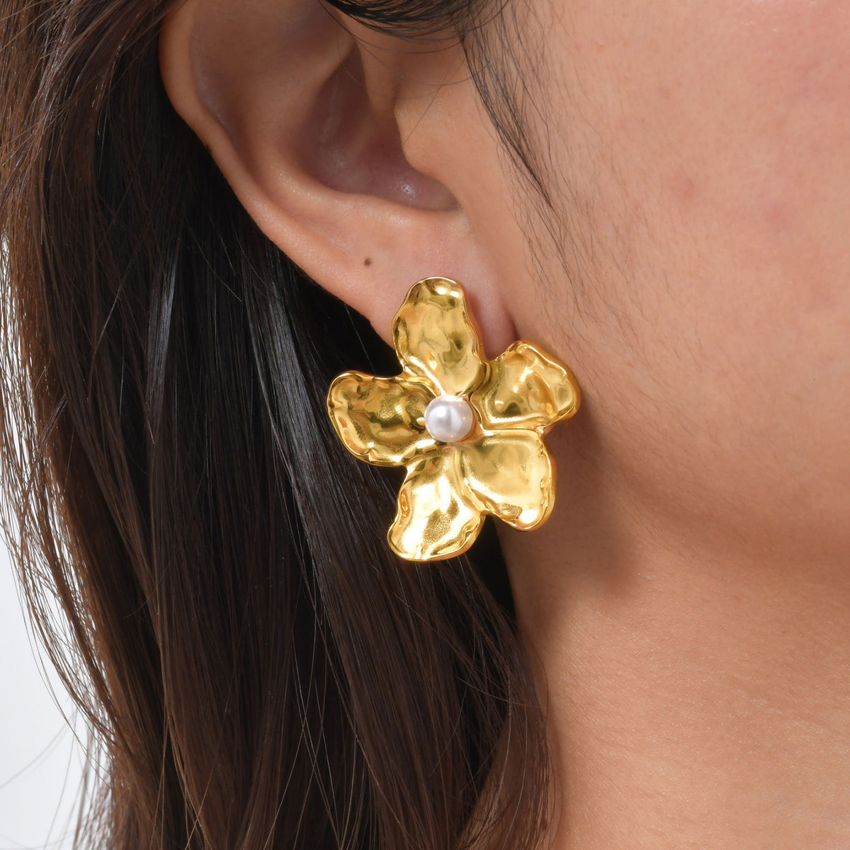 Gold Pearl Flower Statement Stud Earrings