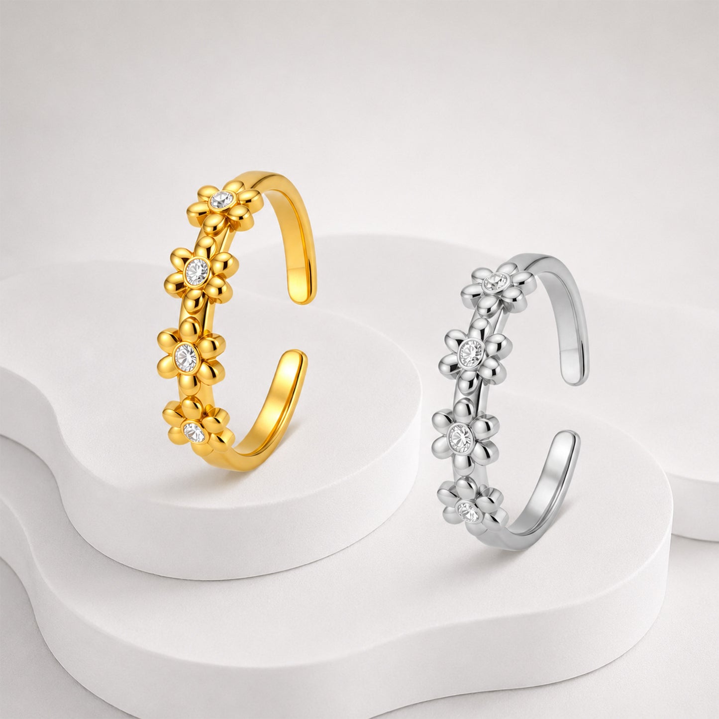 Planderful Zircon Flower Stainless Steel Ring Adjustable Opening For Women And Teens Everyday Wear