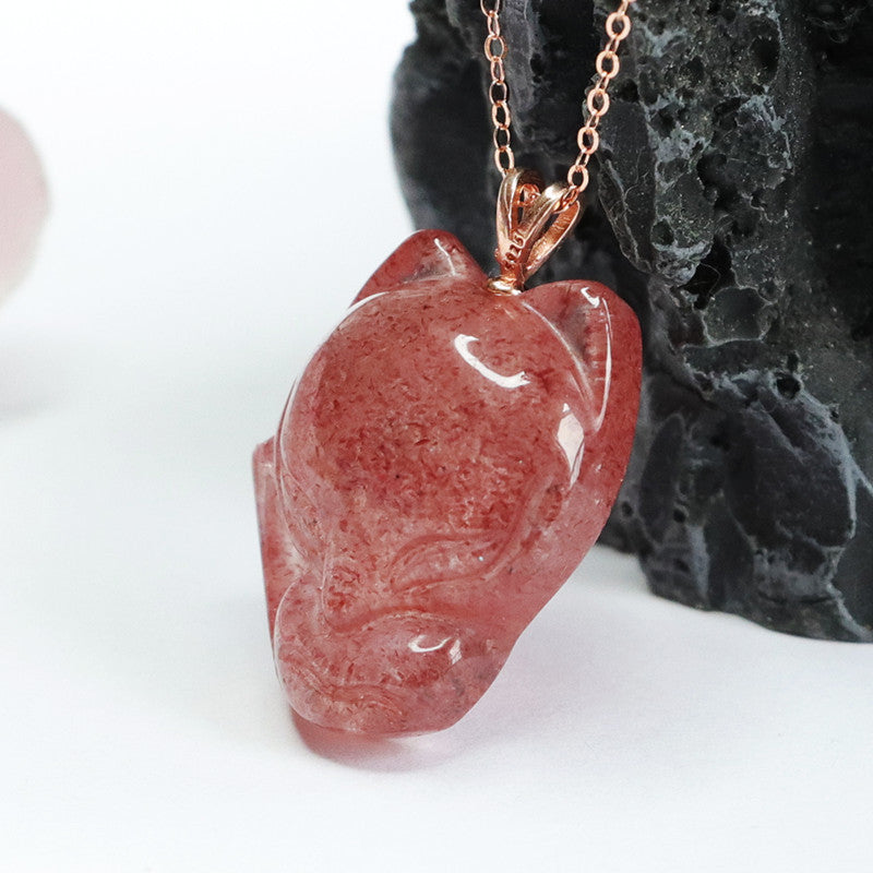 Strawberry Quartz Fox 925 Silver Pendant — No Chain