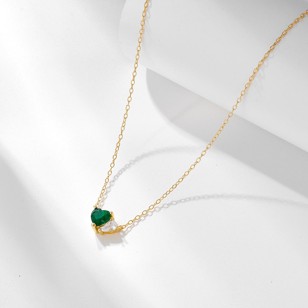 Emerald Green Heart Shape Zircon and Water Drop Zircon Silver Necklace