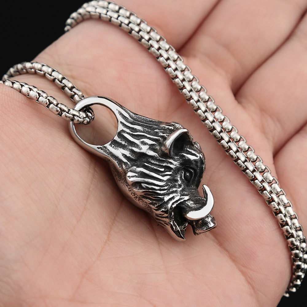 European And American Fashion Jewelry Men's Titanium Steel Necklace With Wild Boar Pendant