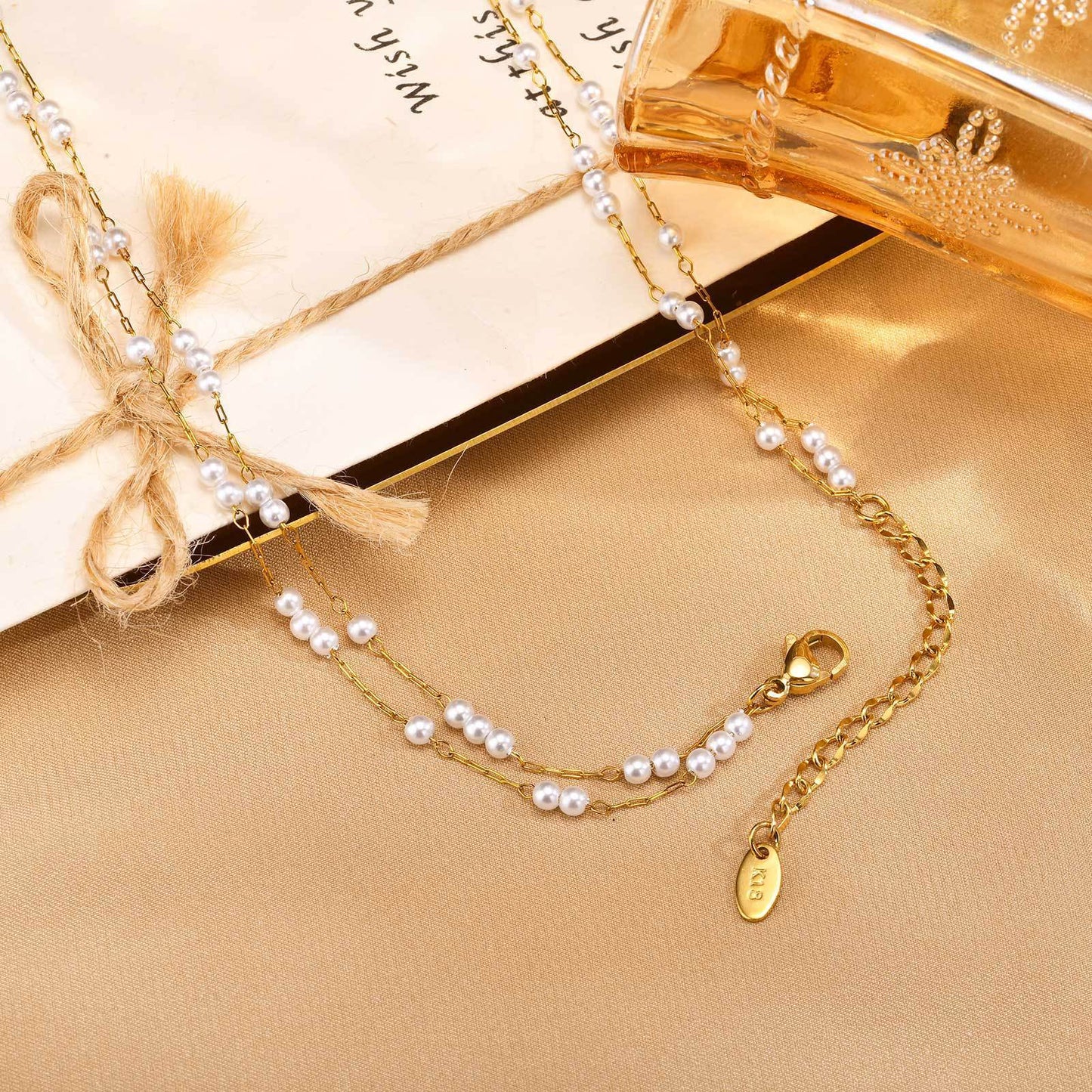Ladies Stainless Steel Imitation Pearl Double Layer Stacked Gold Necklace