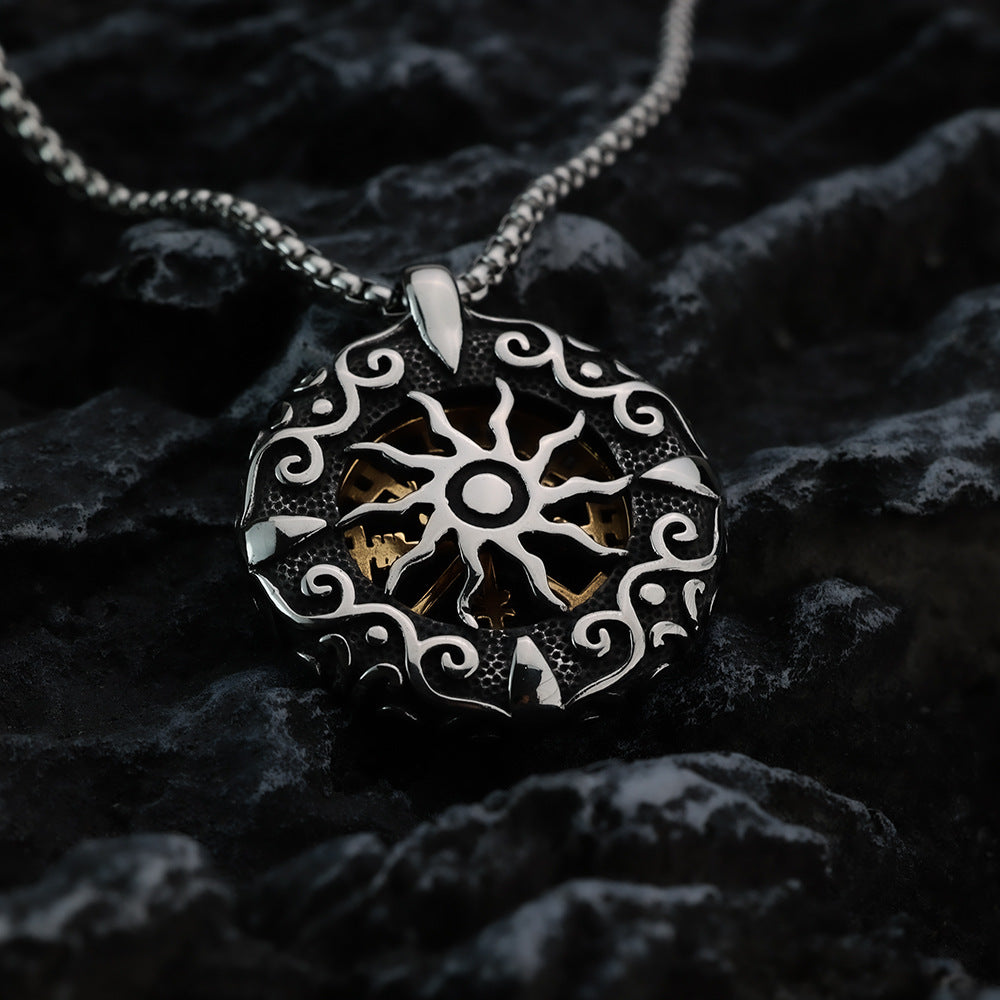 Retro Stainless Steel Men's Pendant Compass Sun Necklace