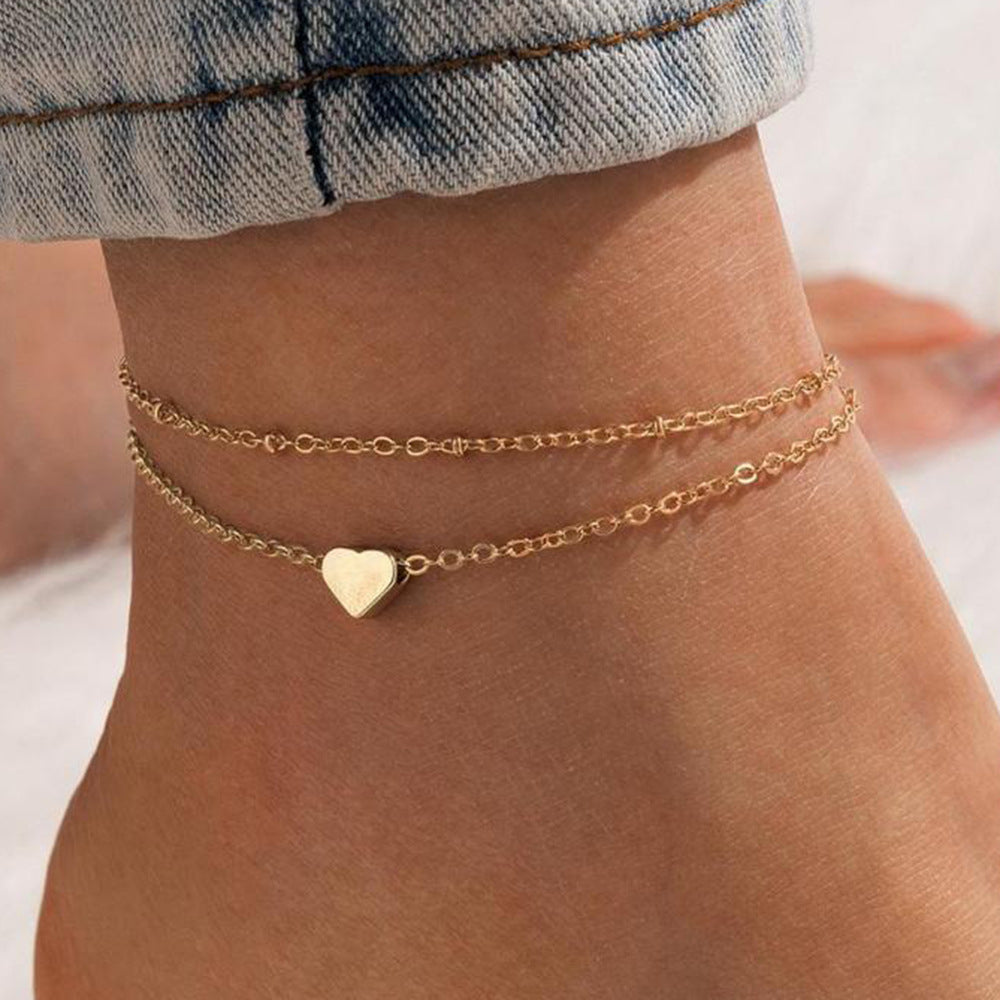 S925 Sterling Silver Double Chain Heart Pendant Anklet Gold-Plated Love Foot Bracelet