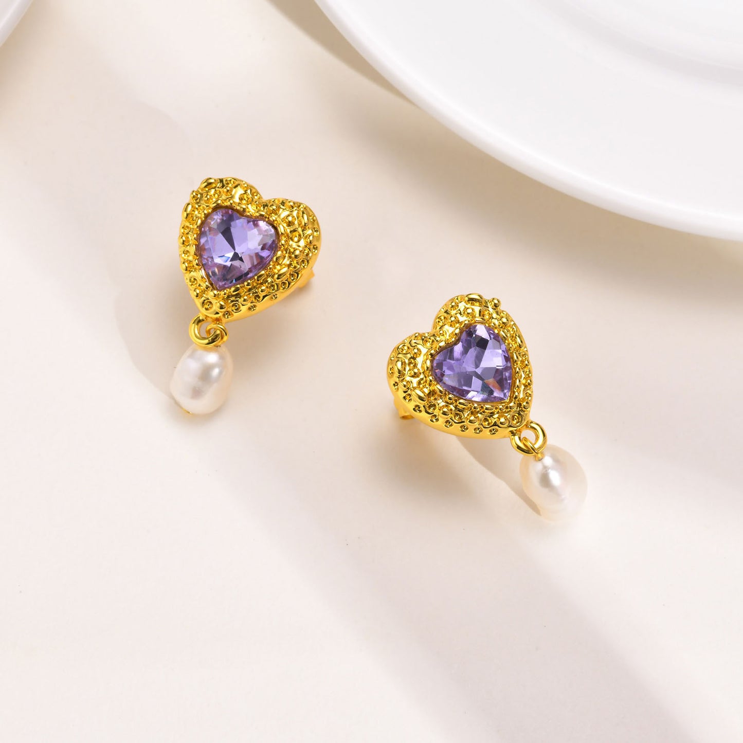 Earrings Heart-Shaped Green Zircon Love Purple Zircon Style
