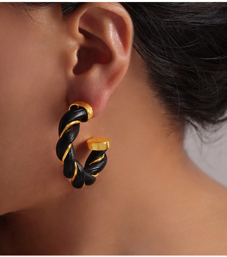 Copper C-Shaped Geometric Earrings with Leather Wrap