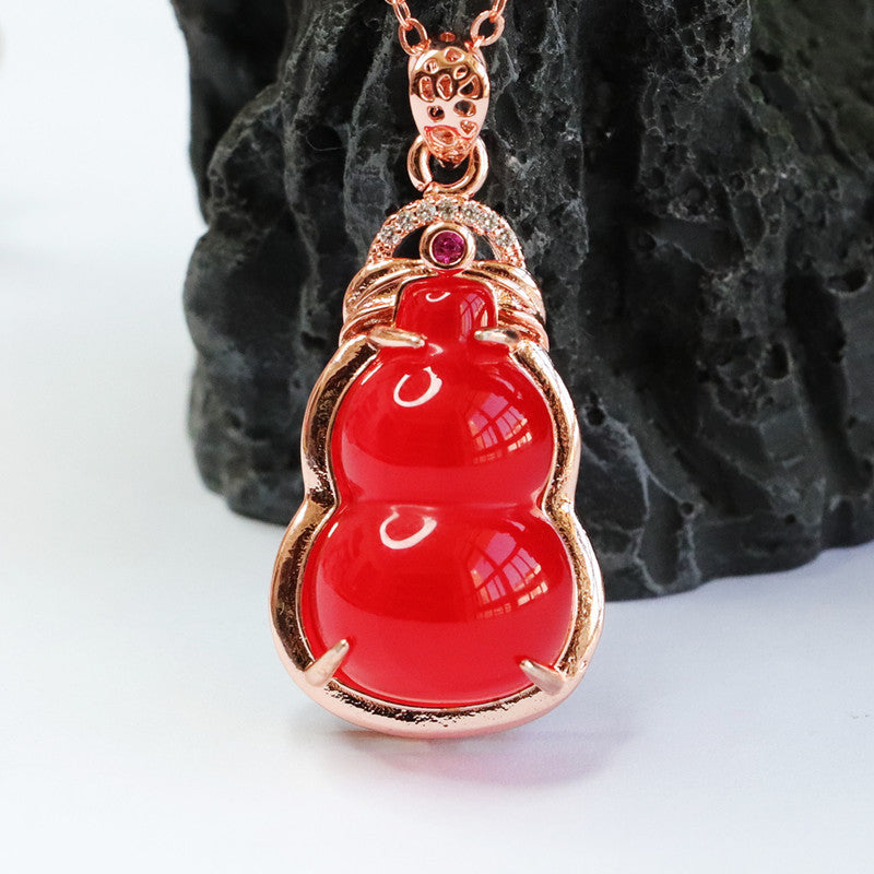 Red Agate Gourd Rose-Gold-Tone Pendant — No Chain