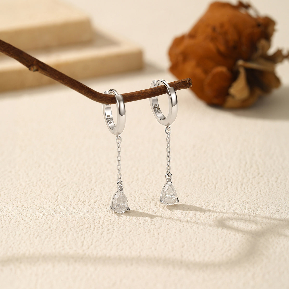 925 Sterling Silver Tassel Chain Teardrop Moissanite Earrings