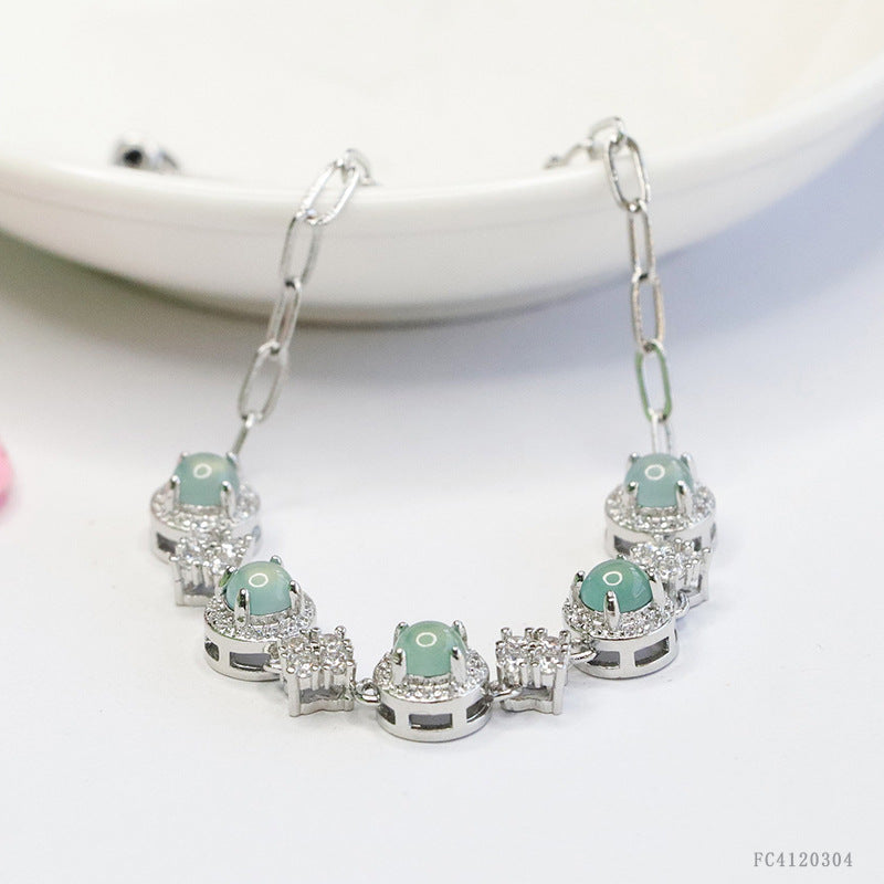 Blue Water Jadeite Prong-Set Cabochon Bracelet