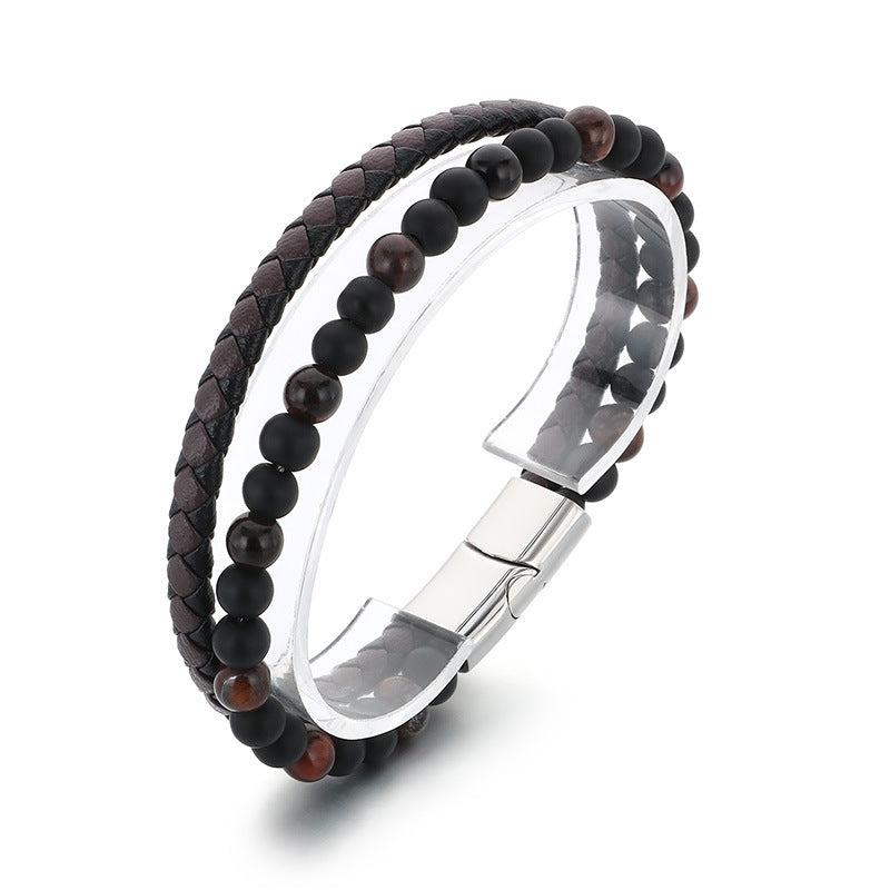 Planderful Men's Leather Bracelet Handwoven Tiger's Eye