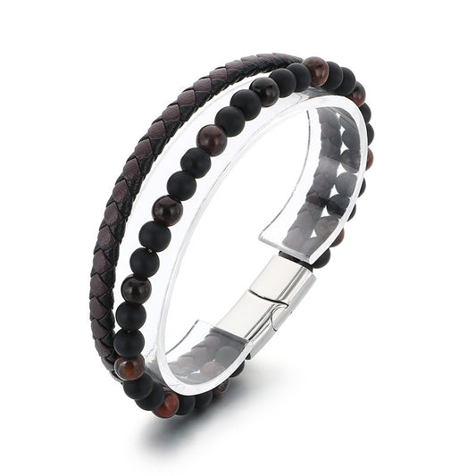 Planderful Men's Leather Bracelet Handwoven Tiger's Eye